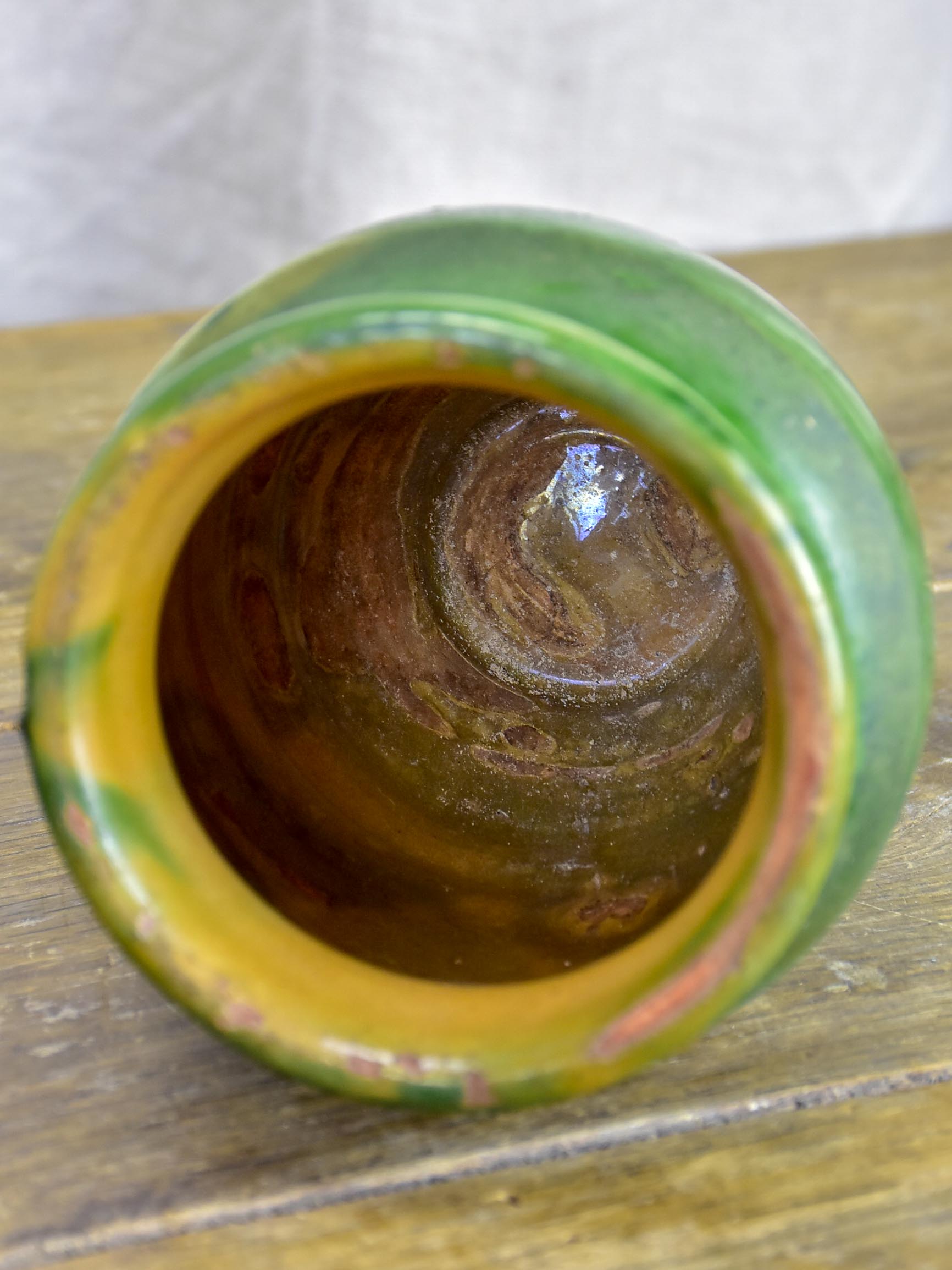 Very small antique French confit pot with green glaze 5 ¼''