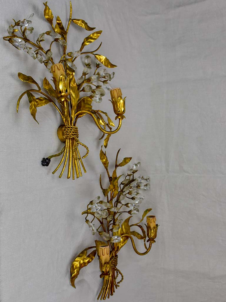 Pair of mid century wall sconces with gold foliage - style Maison Bagues
