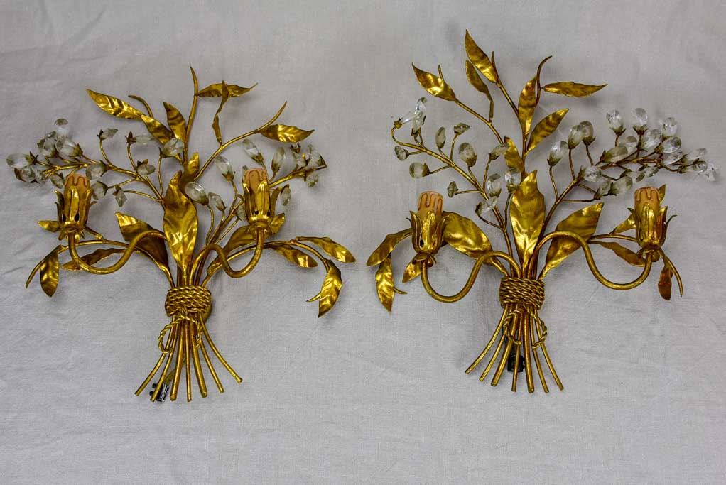 Pair of mid century wall sconces with gold foliage - style Maison Bagues