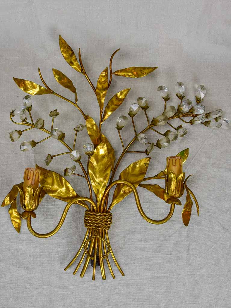 Pair of mid century wall sconces with gold foliage - style Maison Bagues