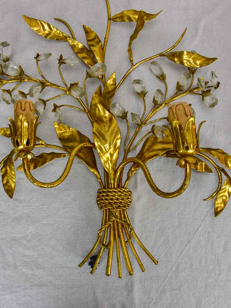 Pair of mid century wall sconces with gold foliage - style Maison Bagues