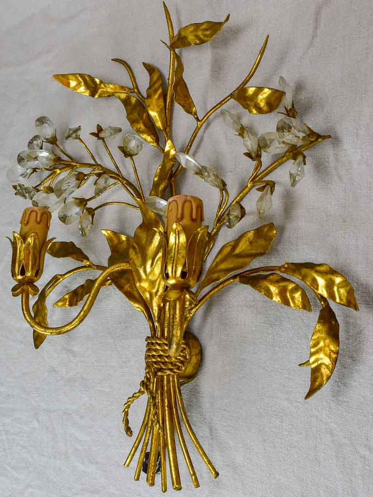 Pair of mid century wall sconces with gold foliage - style Maison Bagues