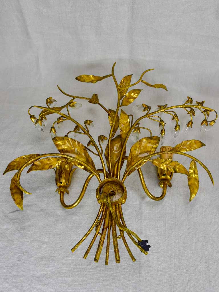 Pair of mid century wall sconces with gold foliage - style Maison Bagues