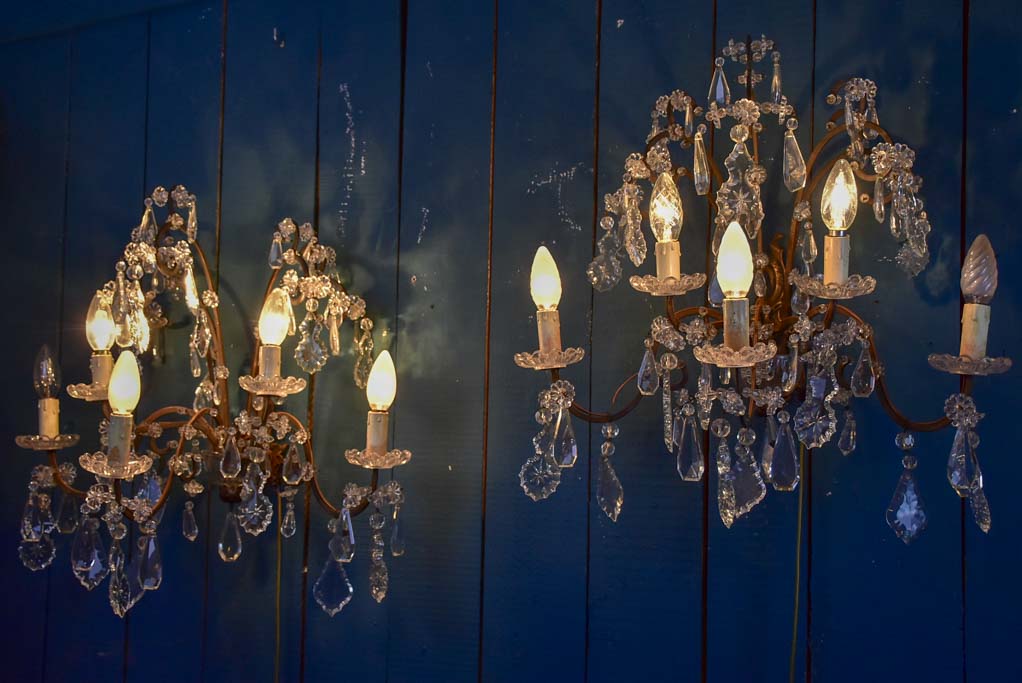 Pair of 1940's crystal wall sconces - 5 lights