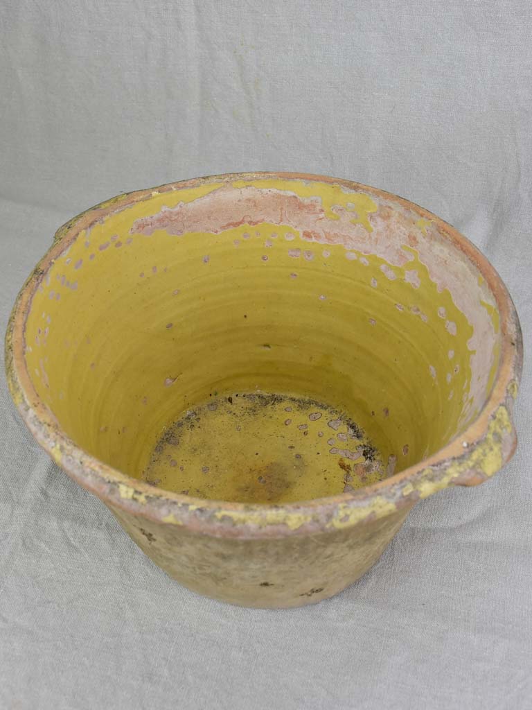 Large deep antique French mixing bowl / tian with yellow glaze 14½"