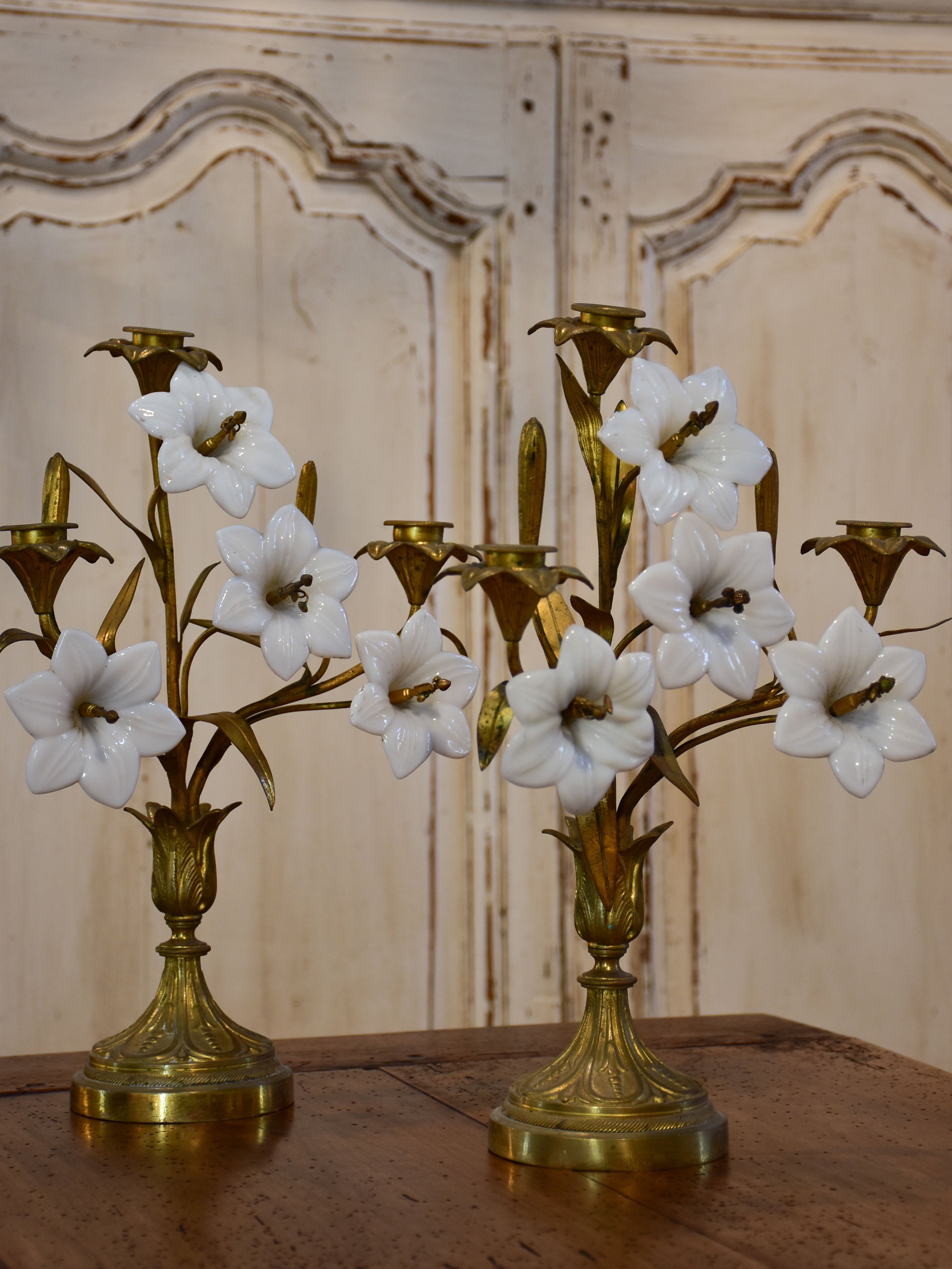 Pair of 19th century bronze and opaline candleabras