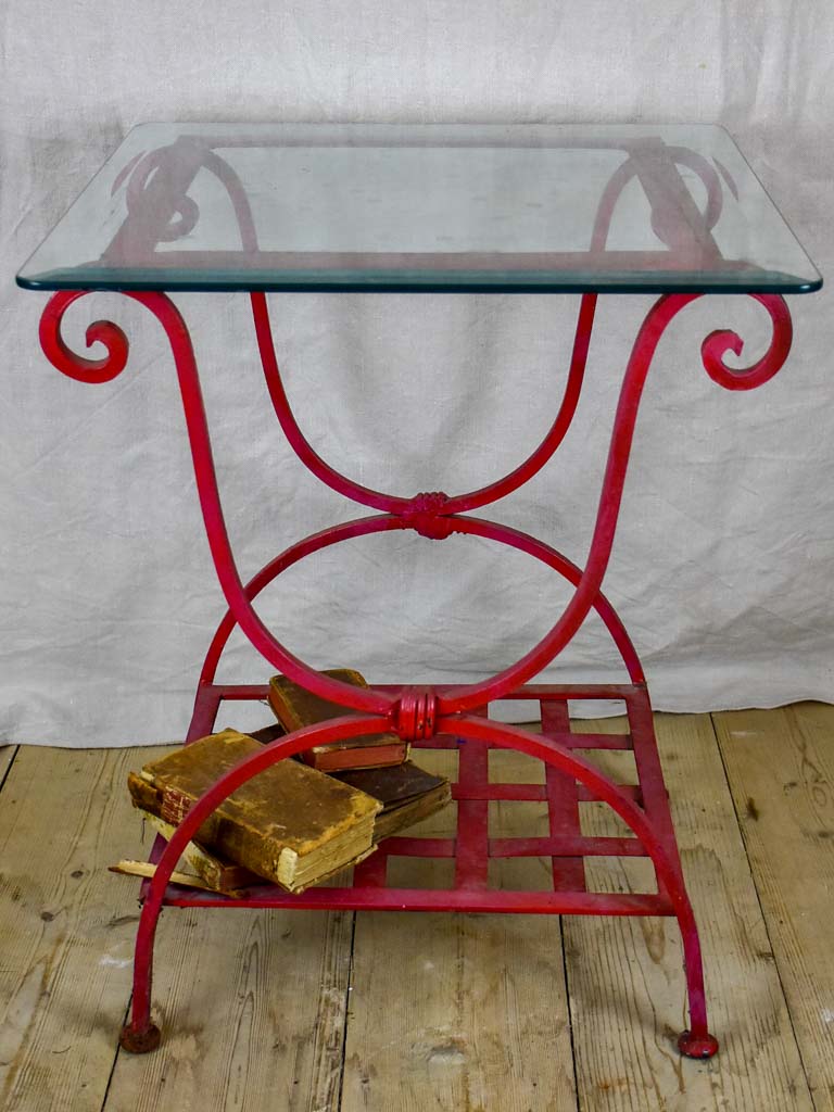 Pair of 1960's side tables - red wrought iron with glass tops 19¾" x 19¾"