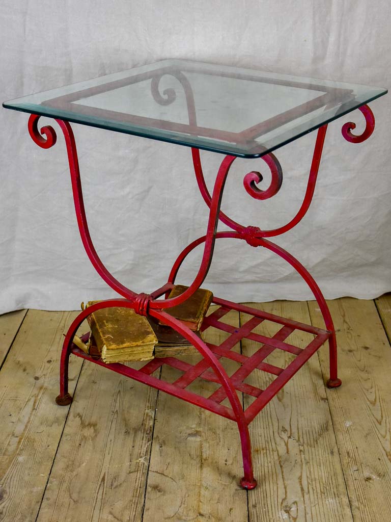 Pair of 1960's side tables - red wrought iron with glass tops 19¾" x 19¾"