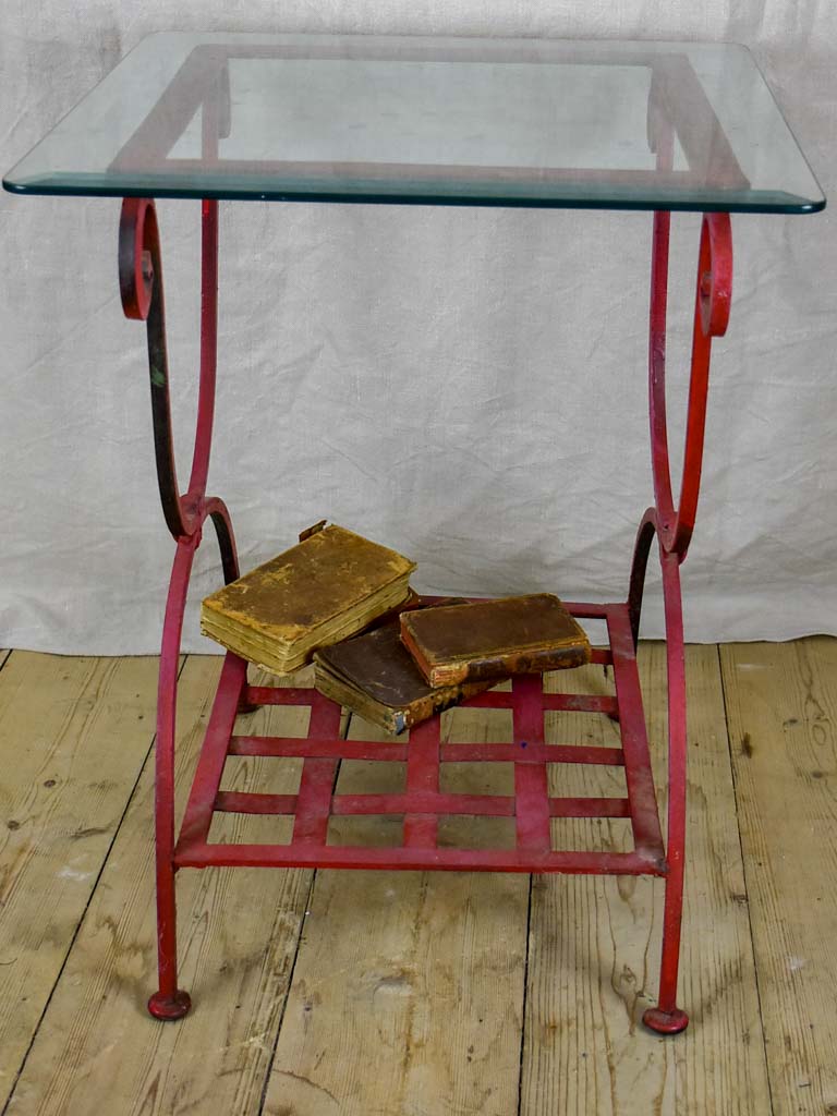 Pair of 1960's side tables - red wrought iron with glass tops 19¾" x 19¾"