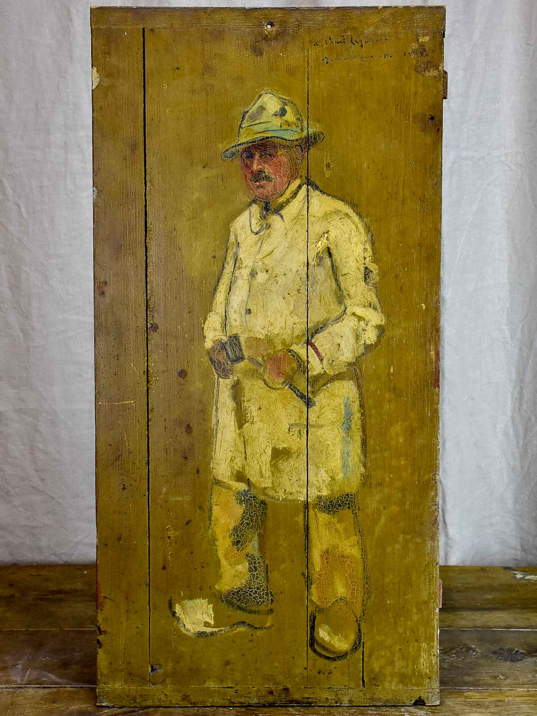 Antique French painting of a man - painted on a shutter