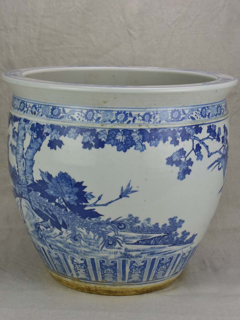 Mid-century blue and white Chinoiserie flower pot 14¼"