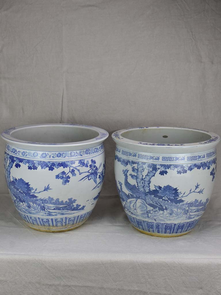 Pair of mid-century blue and white chinoserie flower pots 14¼