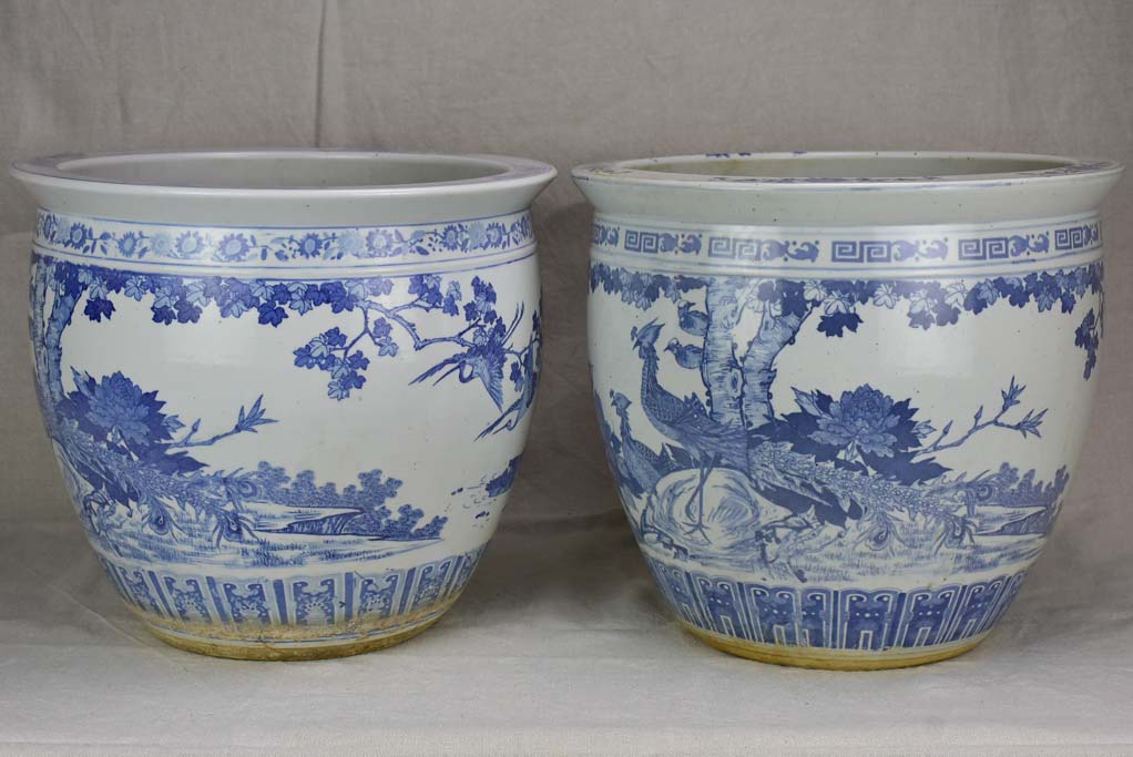 Pair of mid-century blue and white chinoserie flower pots 14¼"