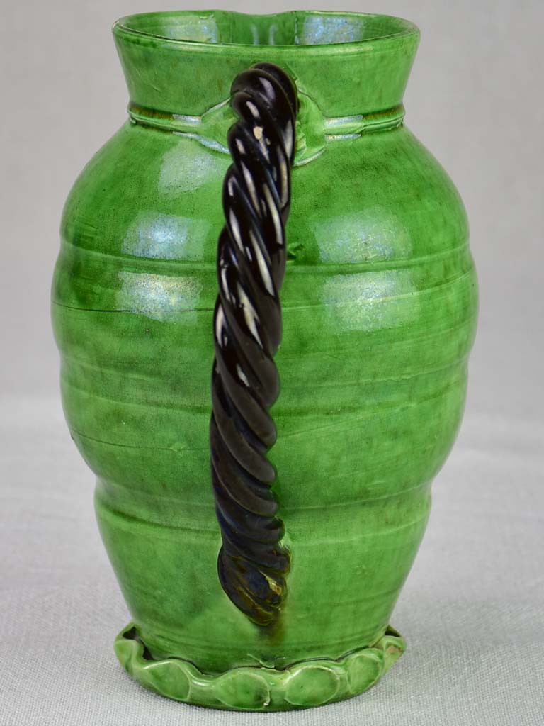 RESERVED Mid century pitcher from Vallauris with green glaze and twisted handle 8¾"