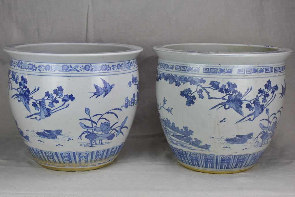 Pair of mid-century blue and white chinoserie flower pots 14¼"