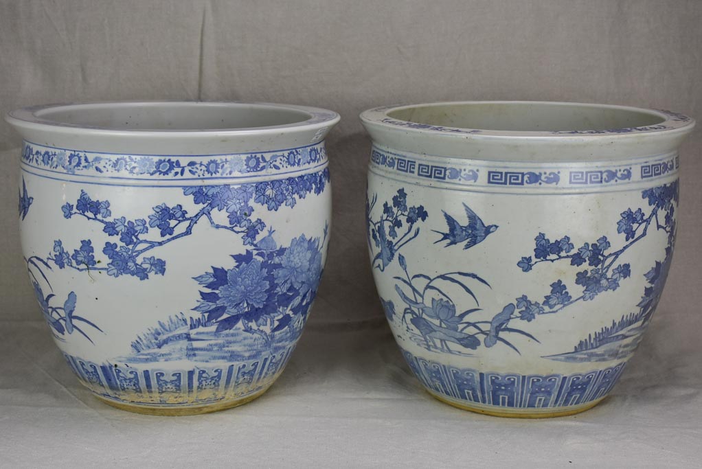 Pair of mid-century blue and white chinoserie flower pots 14¼"