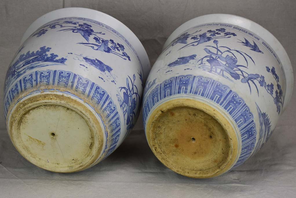 Pair of mid-century blue and white chinoserie flower pots 14¼"
