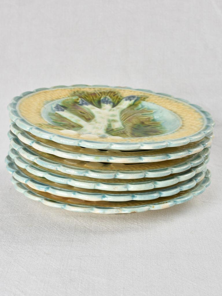 Set of six Majolica asparagus plates 9½"