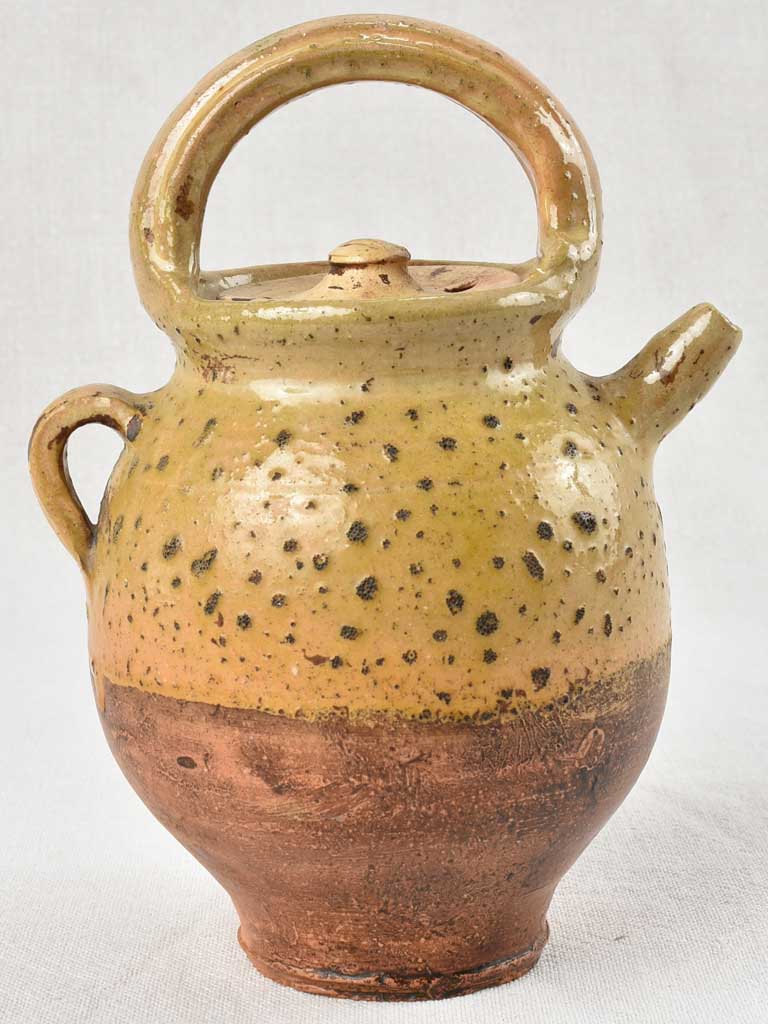 Small antique French water pitcher with lid - spotted patina 9"