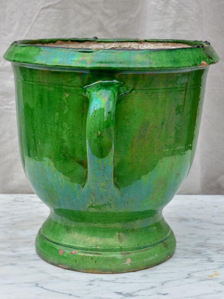 Early 20th Century Castelnaudary planter with green glaze and two handles