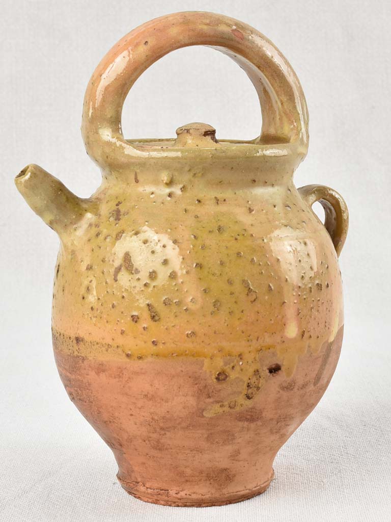 Small antique French water pitcher with lid - spotted patina 9"