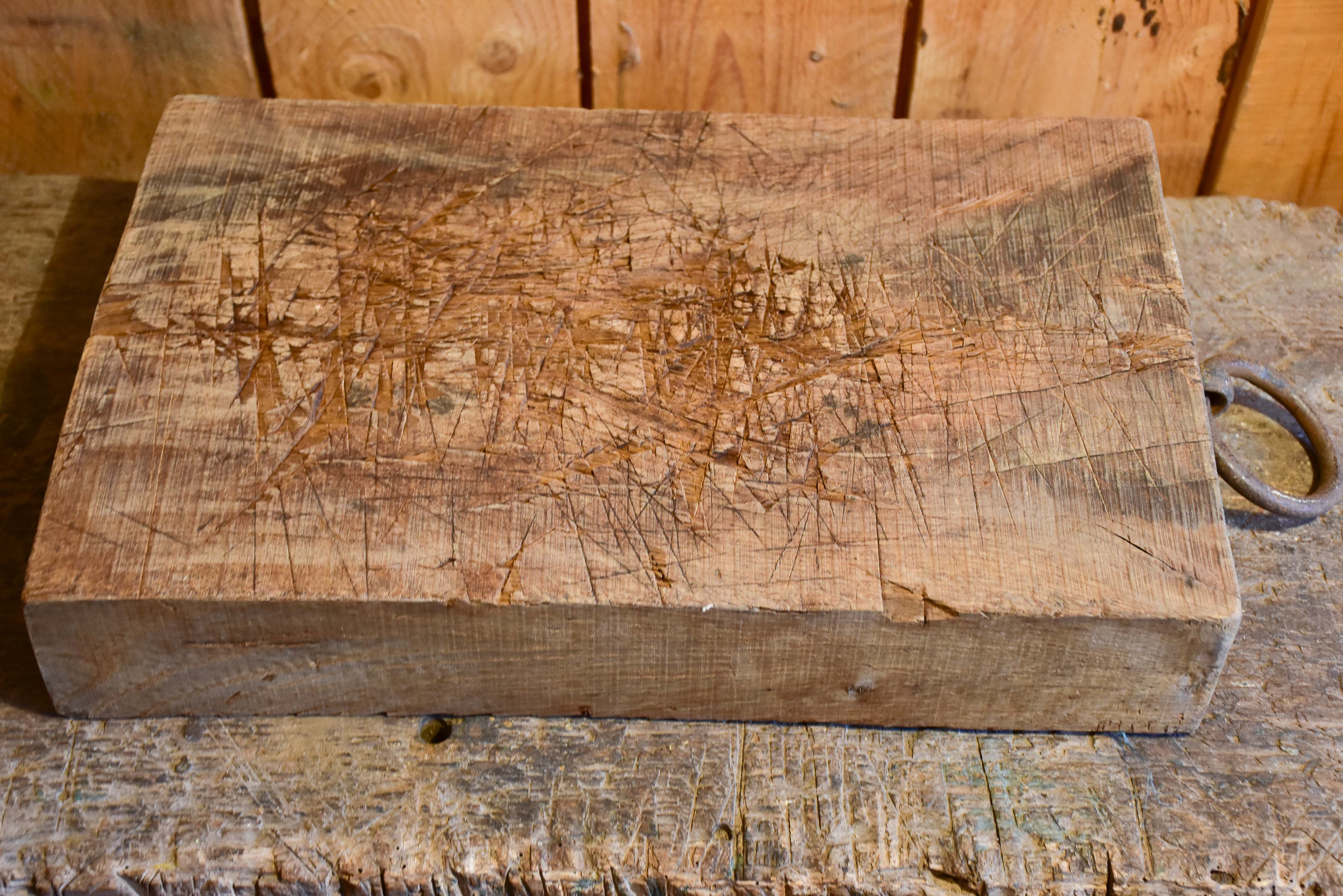 Large chunky French oak cutting board with iron handle
