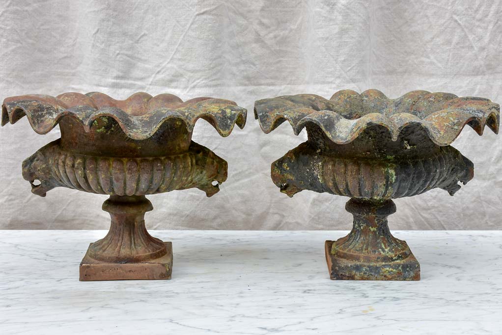 Pair of 19th Century cast iron Medici urns with lion's heads