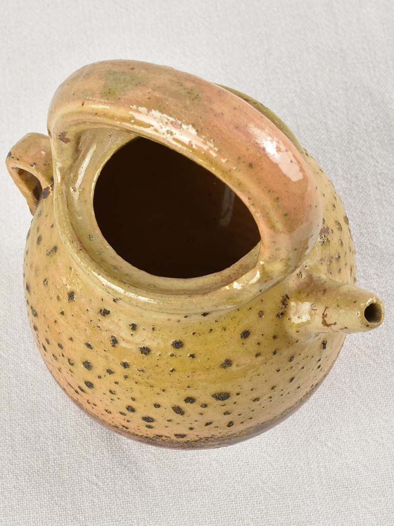 Small antique French water pitcher with lid - spotted patina 9"