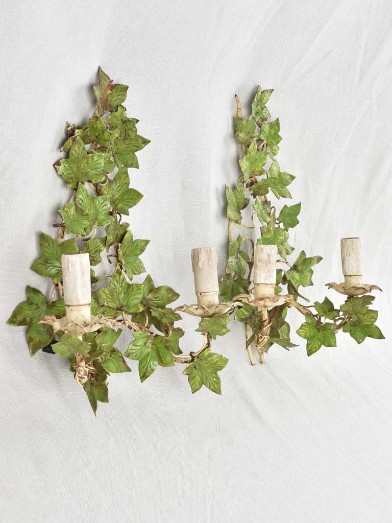 Pretty pair of vintage ivy-leaf wall sconces 15¾"