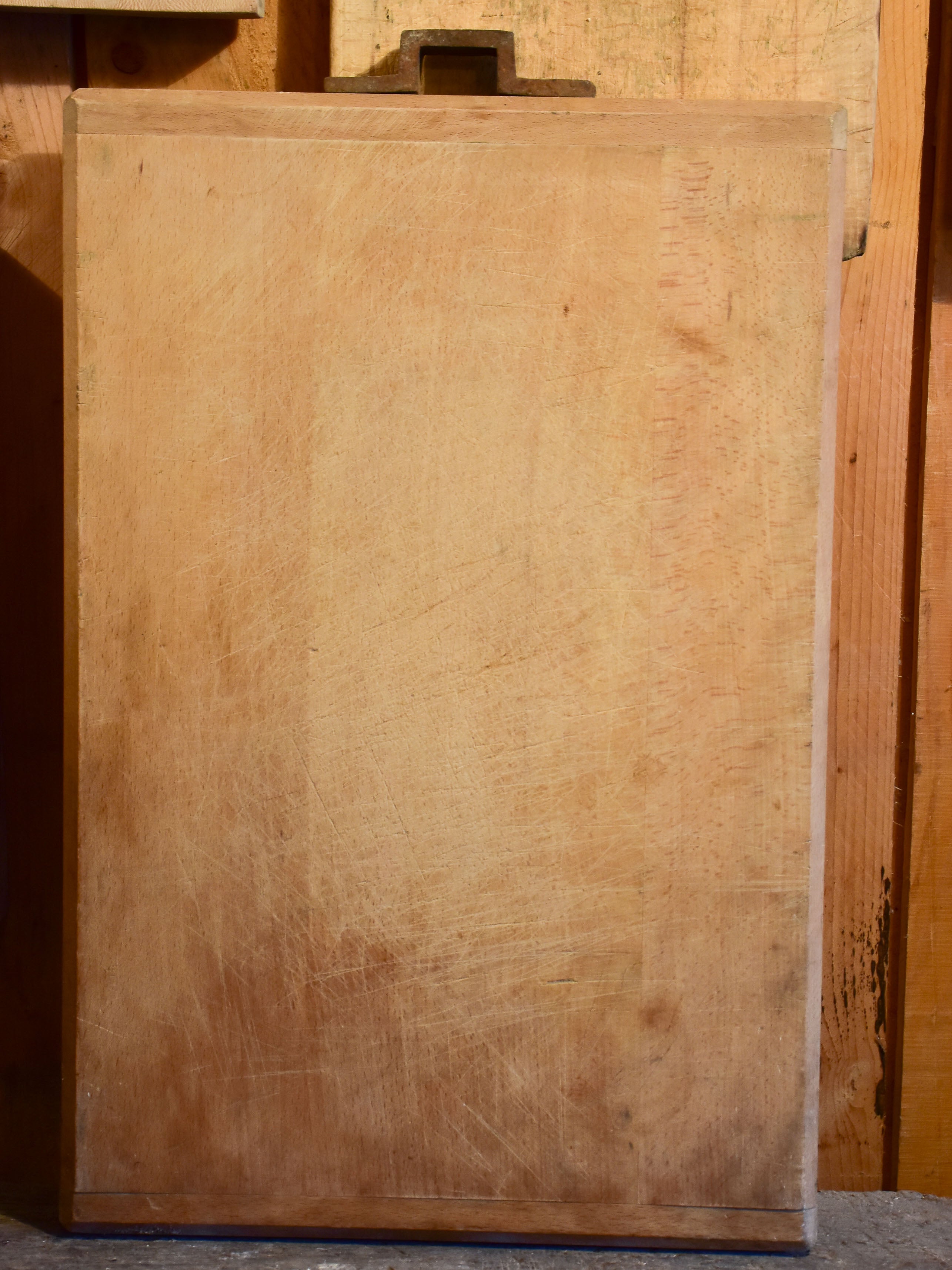 Very large vintage French cutting board with iron handle