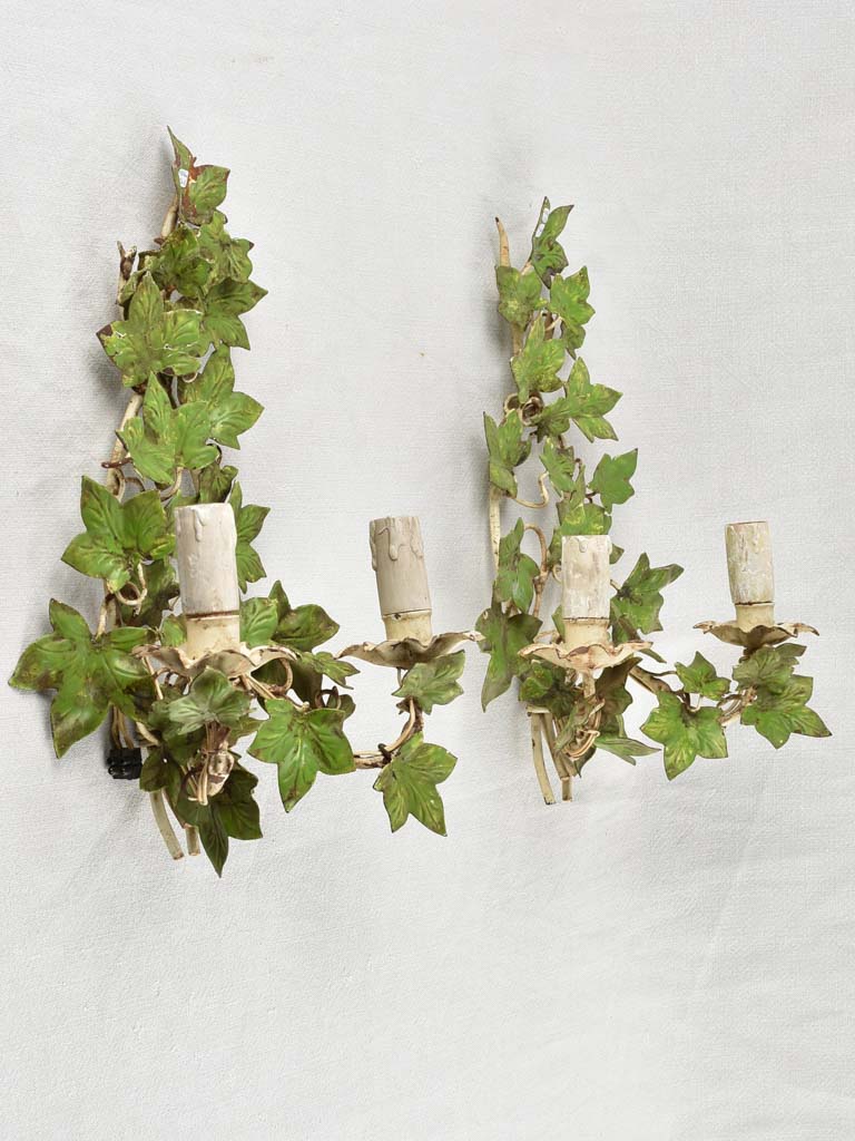 Pretty pair of vintage ivy-leaf wall sconces 15¾"