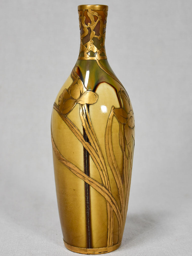 Art Nouveau enamel porcelain vase with narcissus - Jeff and Jeandel 9"