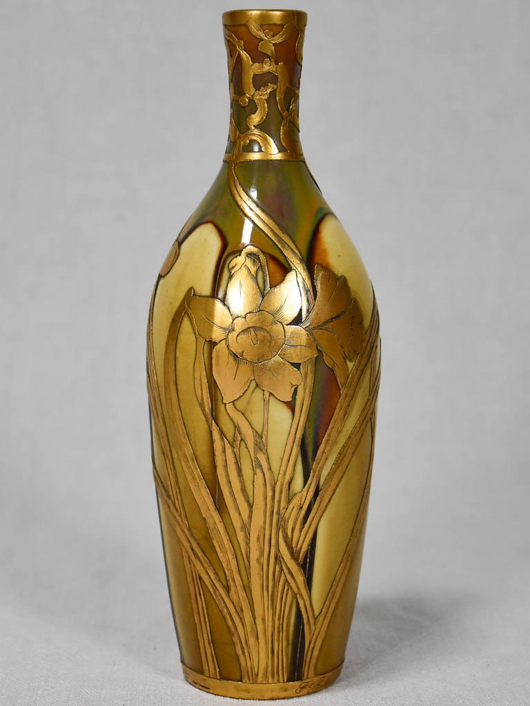 Art Nouveau enamel porcelain vase with narcissus - Jeff and Jeandel 9"