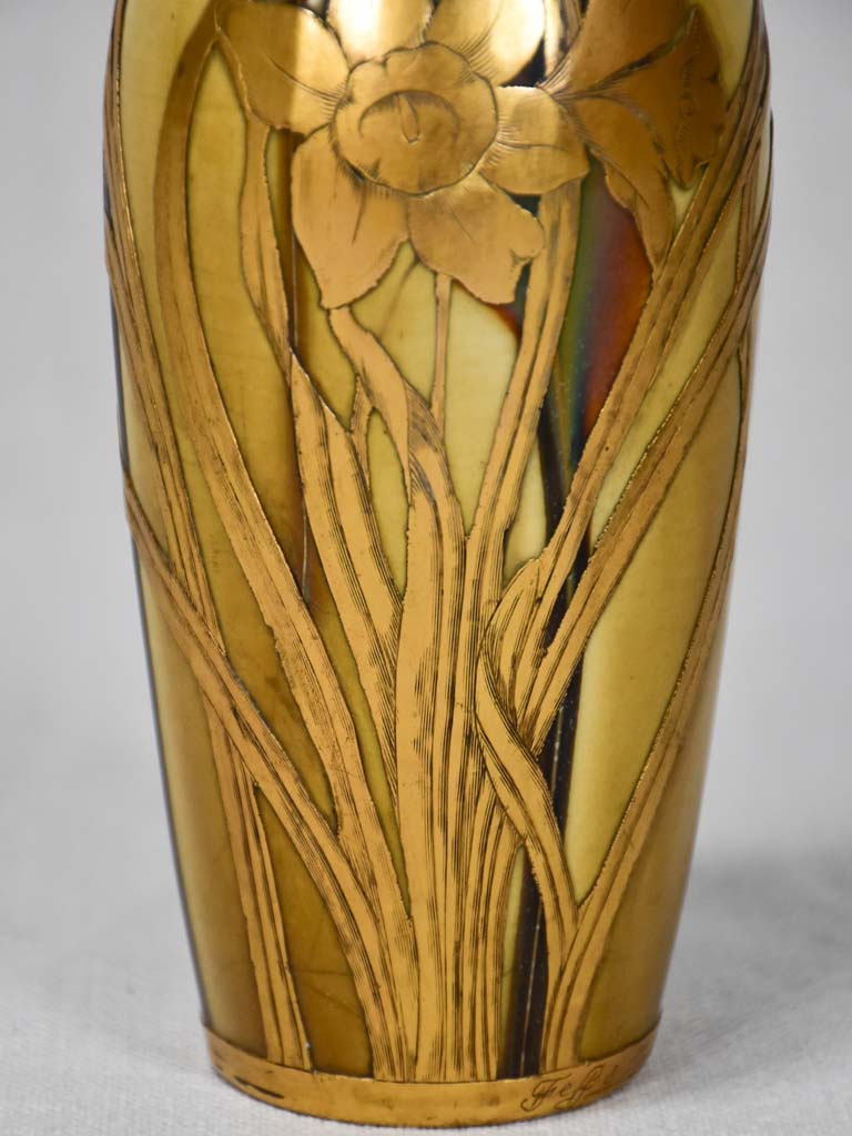 Art Nouveau enamel porcelain vase with narcissus - Jeff and Jeandel 9"