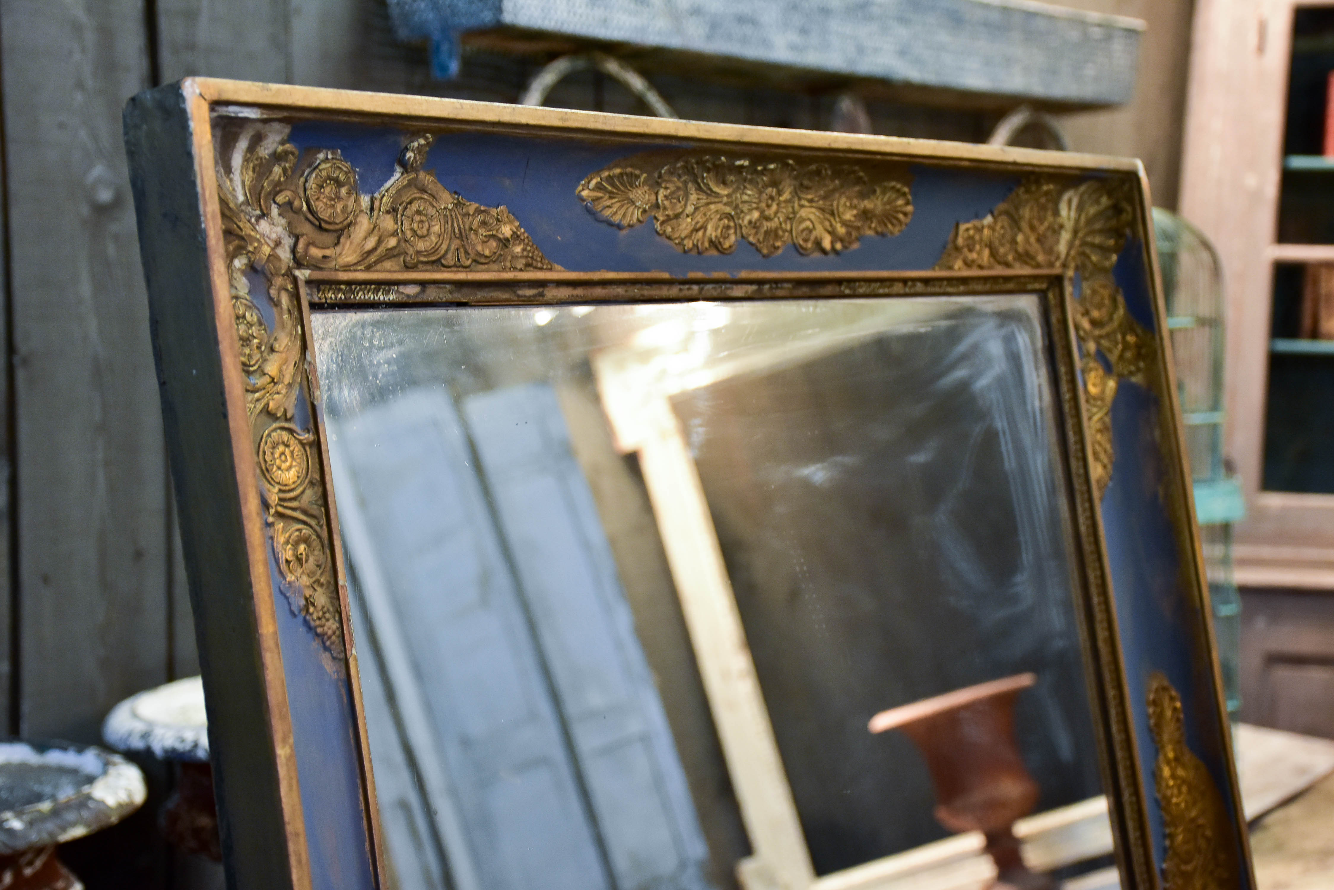 Large antique Restauration mirror with blue and gold frame