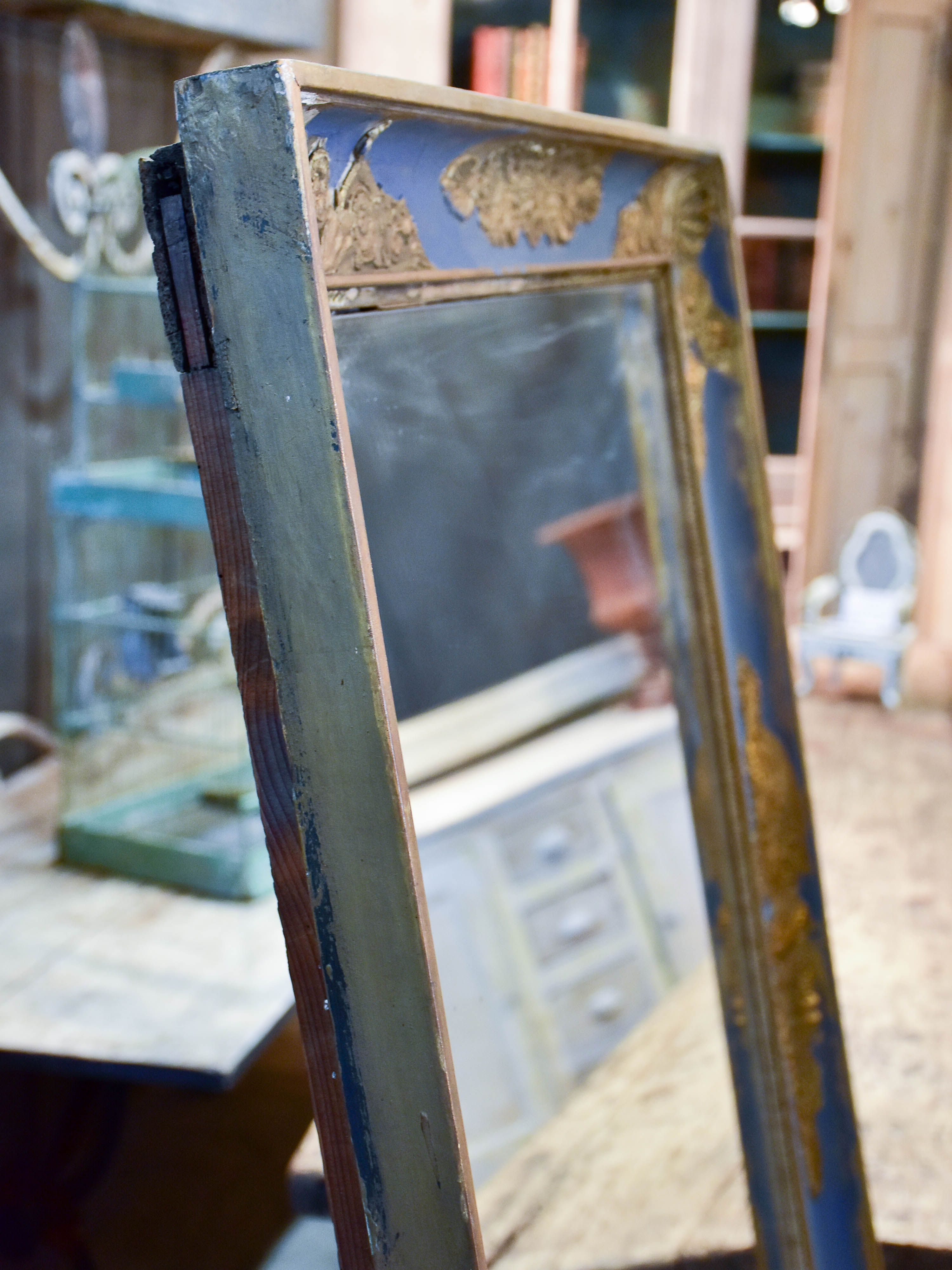 Large antique Restauration mirror with blue and gold frame