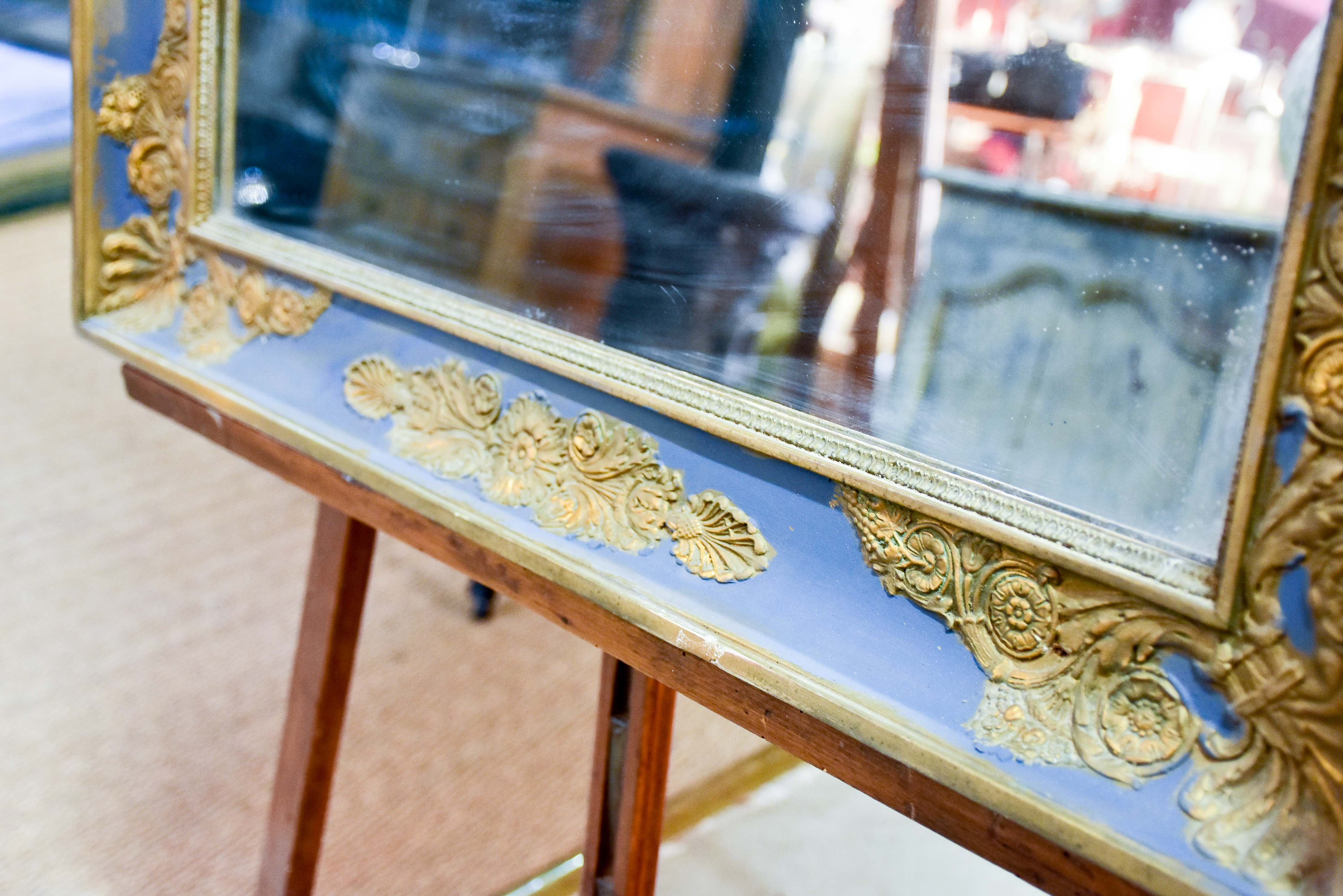 Large antique Restauration mirror with blue and gold frame