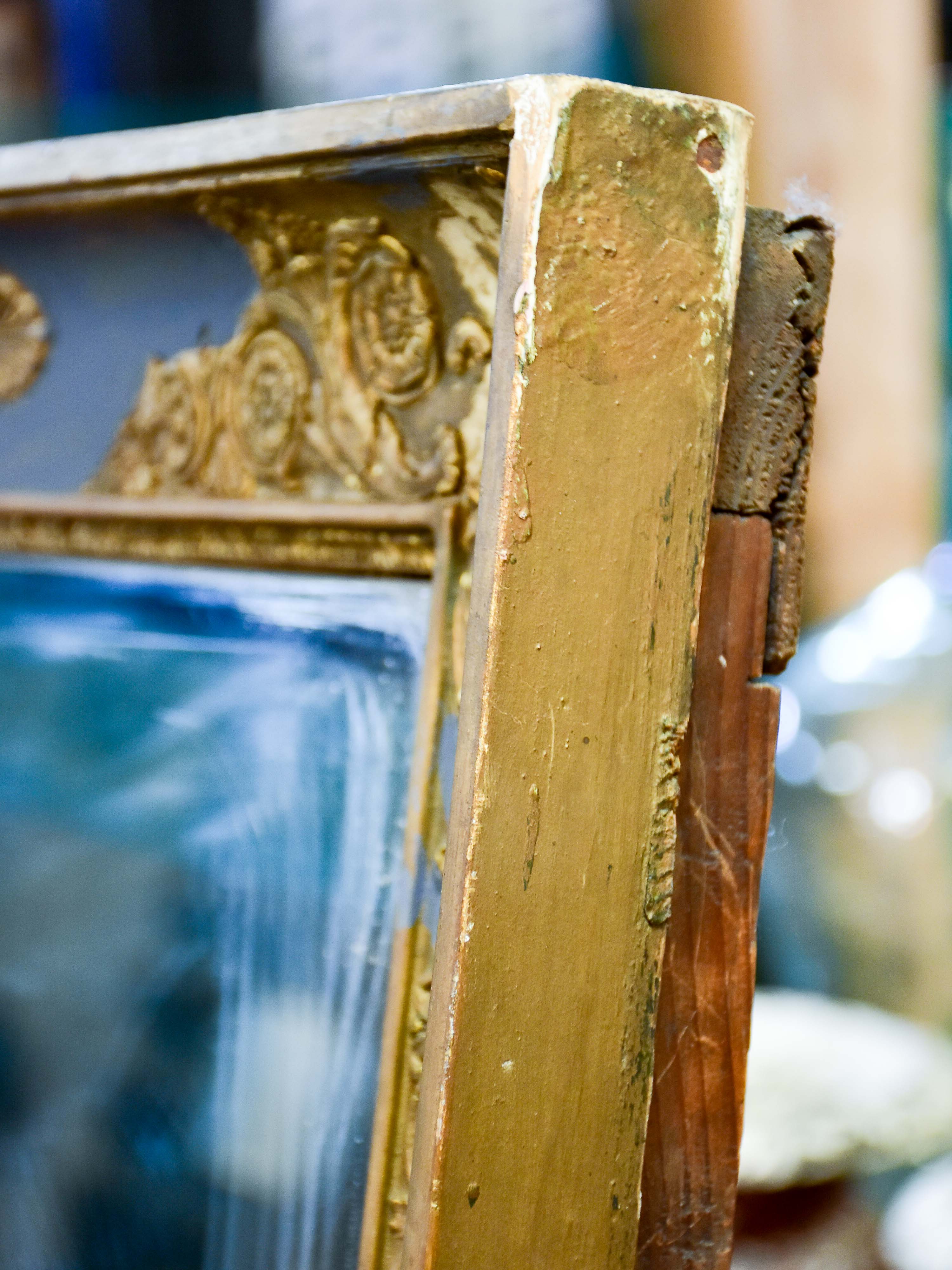 Large antique Restauration mirror with blue and gold frame
