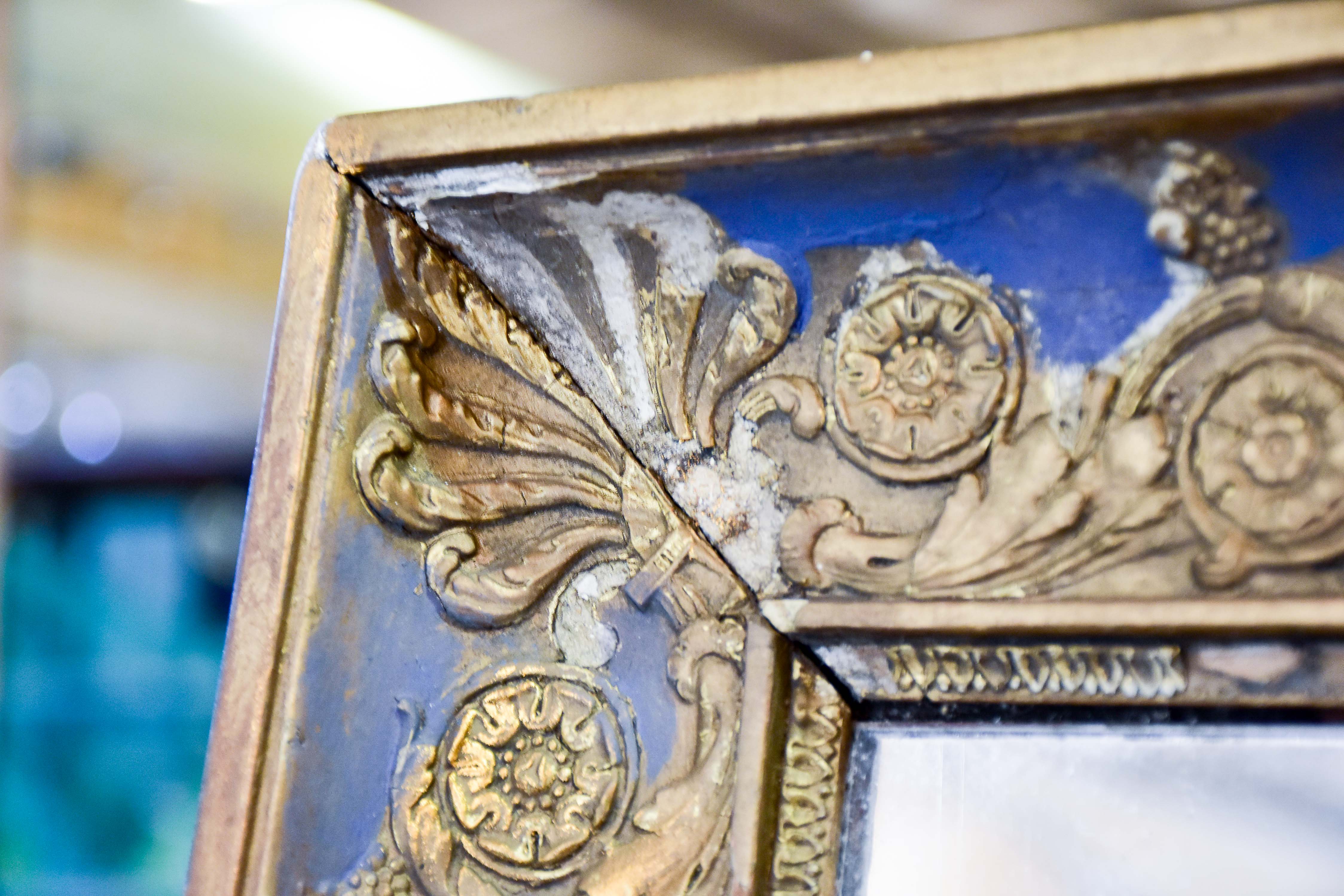 Large antique Restauration mirror with blue and gold frame