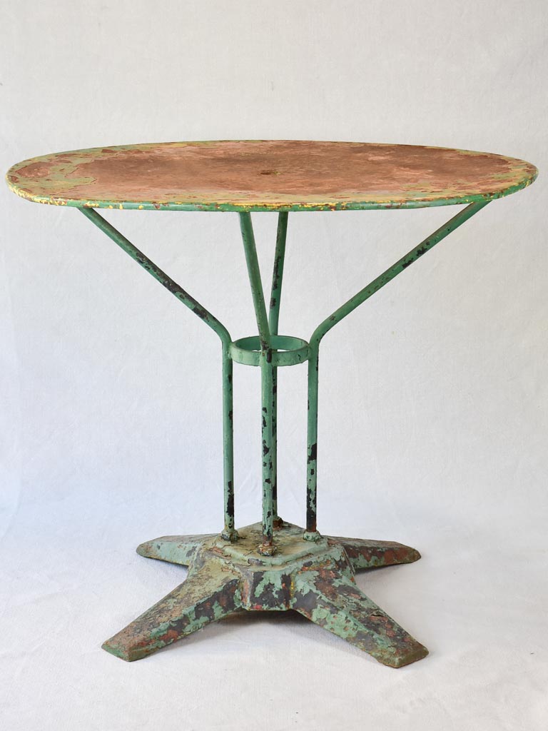 Rustic French garden table with timeworn green patina 31½"