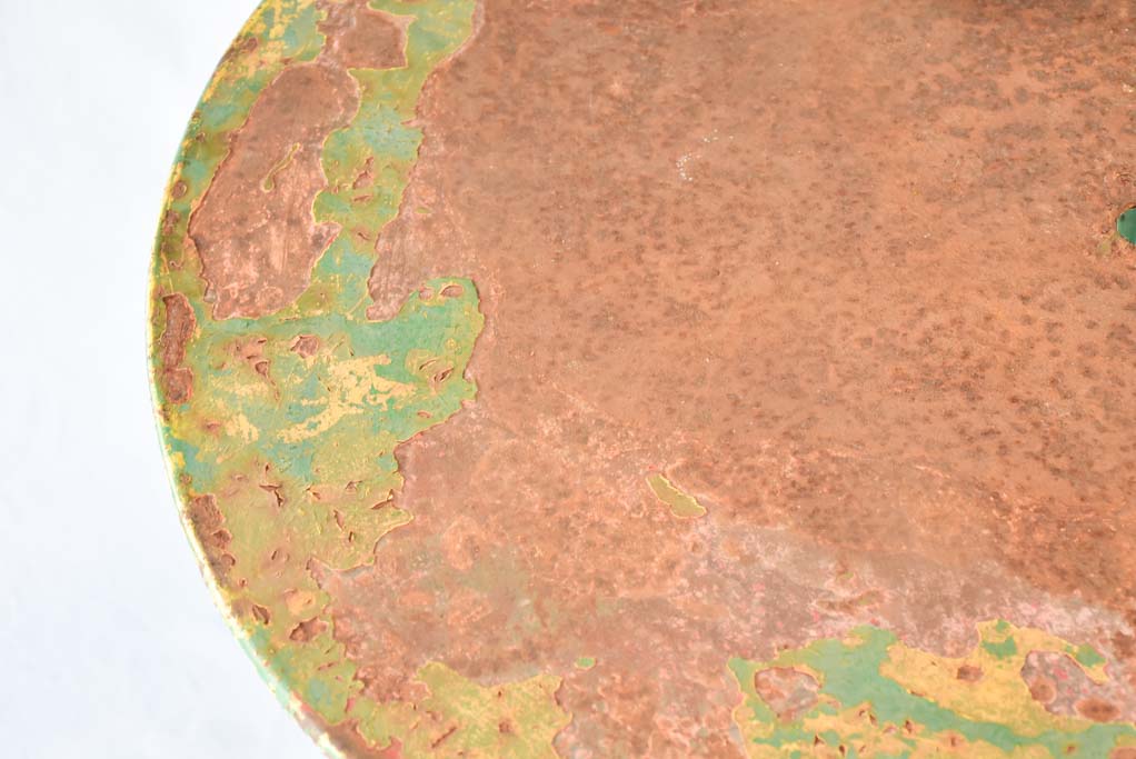Rustic French garden table with timeworn green patina 31½"