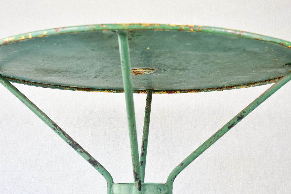 Rustic French garden table with timeworn green patina 31½"