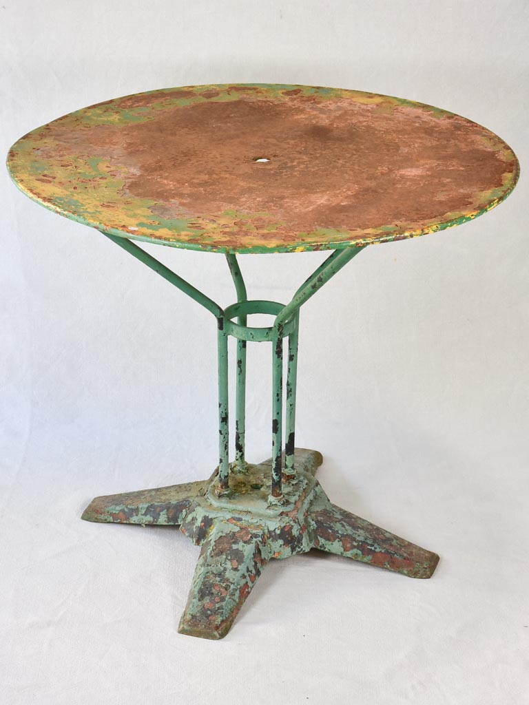 Rustic French garden table with timeworn green patina 31½"