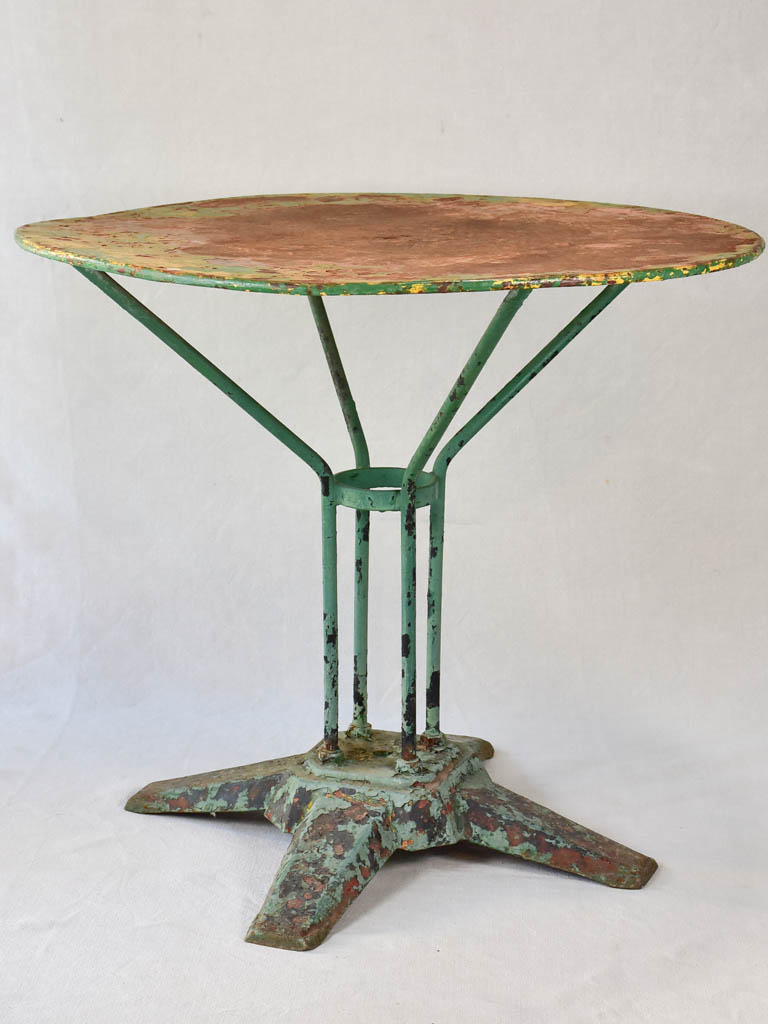 Rustic French garden table with timeworn green patina 31½"