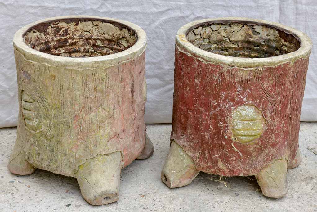 Pair of large antique faux bois tree trunk garden planters - Italian