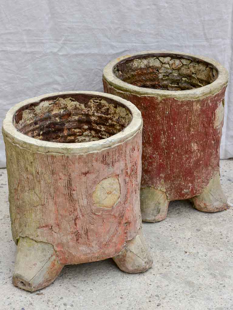 Pair of large antique faux bois tree trunk garden planters - Italian