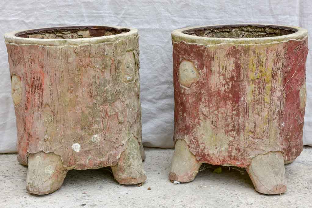Pair of large antique faux bois tree trunk garden planters - Italian