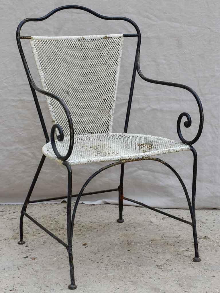 Antique French garden armchair - black and white with metal mesh