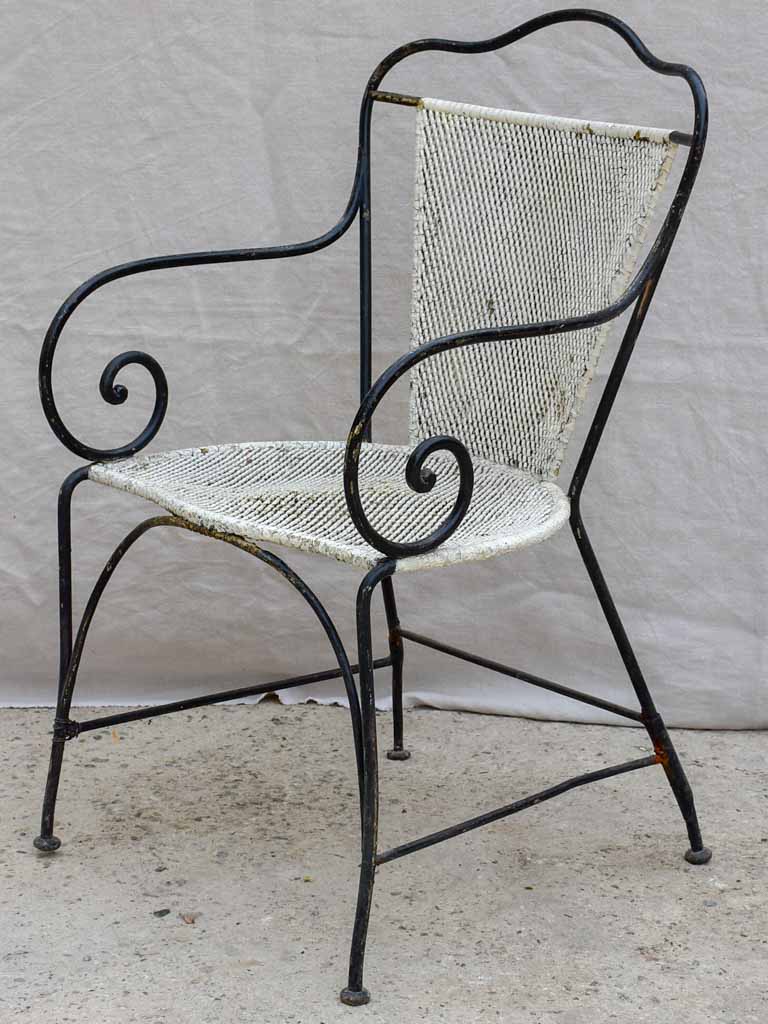 Antique French garden armchair - black and white with metal mesh