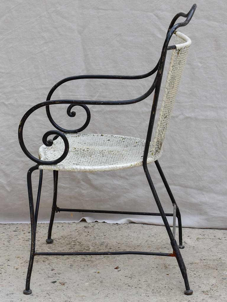 Antique French garden armchair - black and white with metal mesh